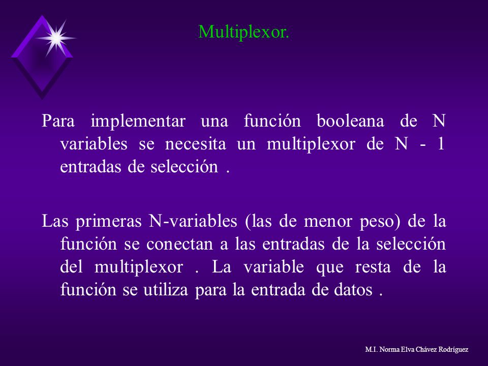Multiplexor. Para implementar una función booleana de N variables se necesita un multiplexor de N - 1 entradas de selección .