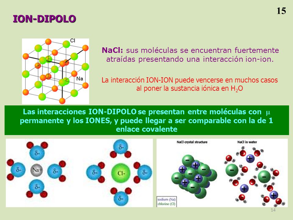 15 ION-DIPOLO. NaCl: sus moléculas se encuentran fuertemente atraídas presentando una interacción ion-ion.