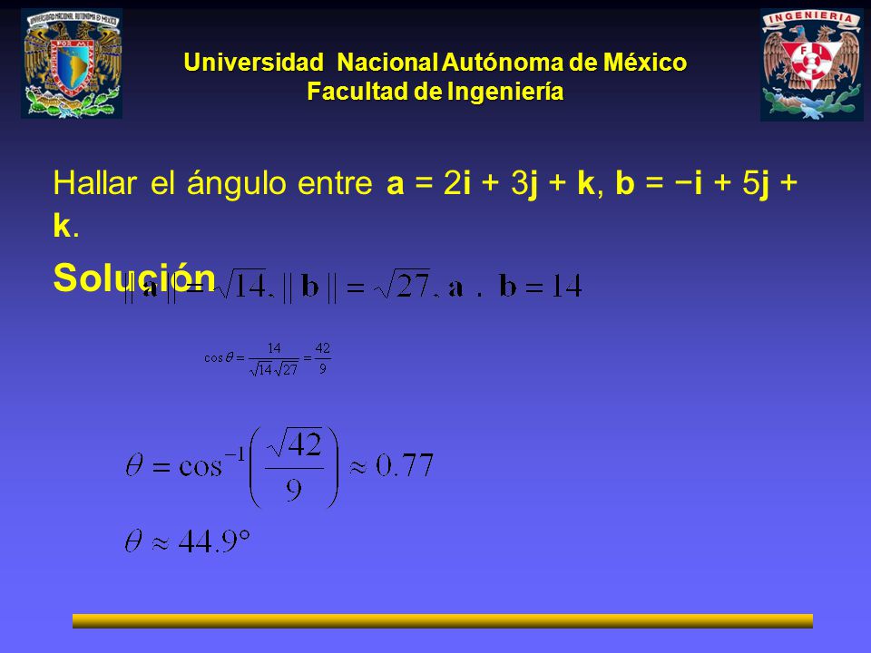 Hallar el ángulo entre a = 2i + 3j + k, b = −i + 5j + k.