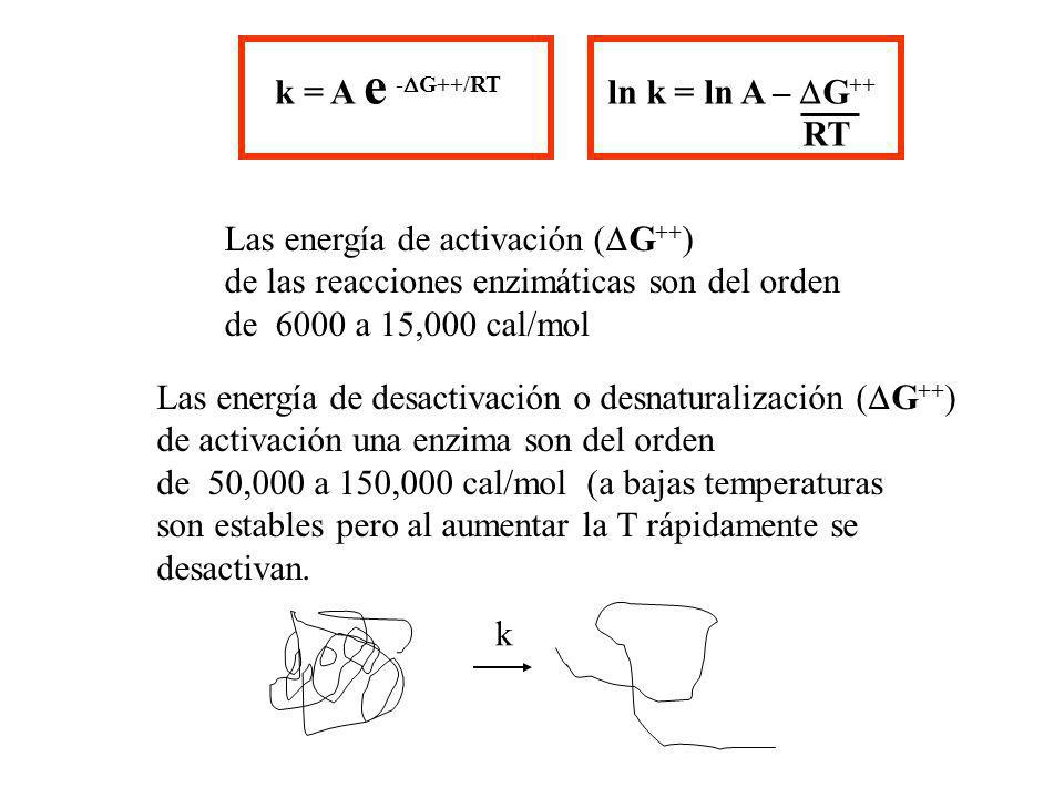 k = A e -DG++/RT ln k = ln A – DG++ RT. Las energía de activación (DG++) de las reacciones enzimáticas son del orden.