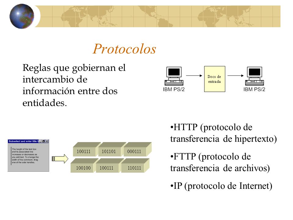 Protocolos Reglas que gobiernan el intercambio de información entre dos entidades. Docs de. entrada.