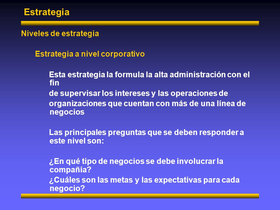 Estrategia Niveles de estrategia Estrategia a nivel corporativo