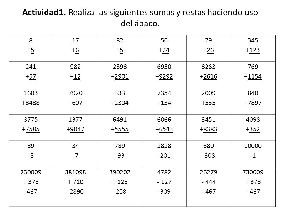 Actividad1. Realiza las siguientes sumas y restas haciendo uso del ábaco.