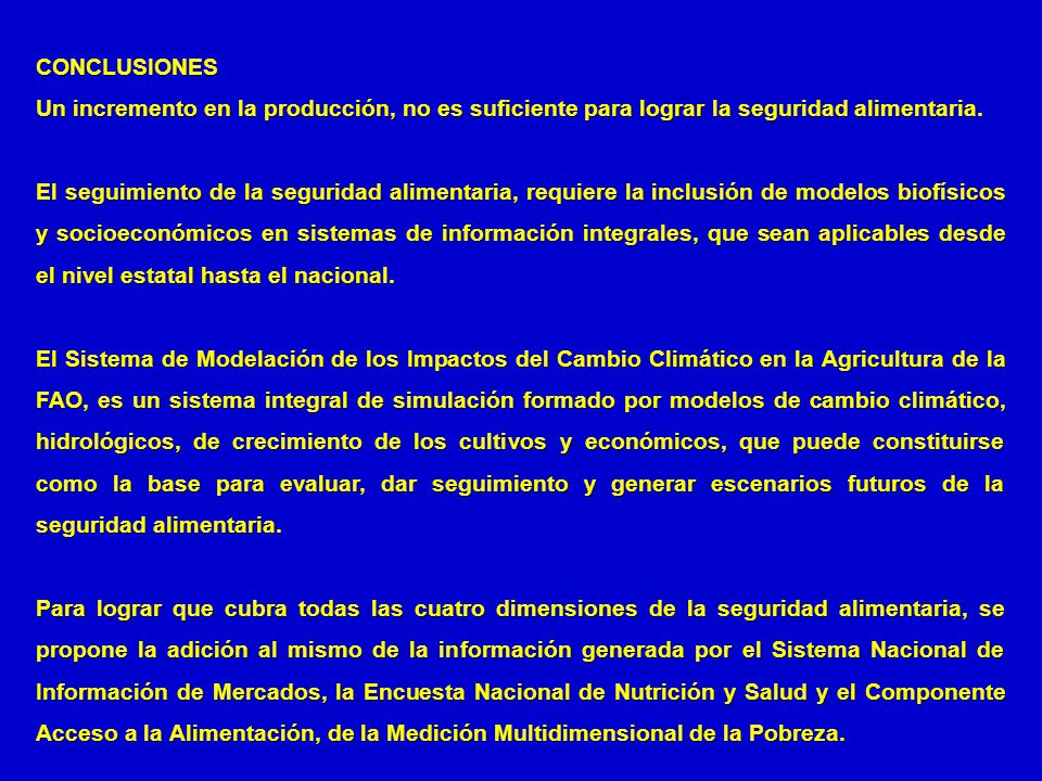 CONCLUSIONES Un incremento en la producción, no es suficiente para lograr la seguridad alimentaria.