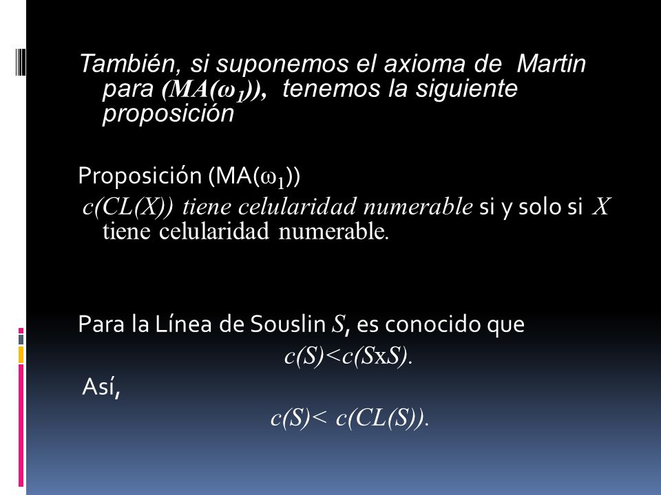 También, si suponemos el axioma de Martin para (MA(ω1)), tenemos la siguiente proposición Proposición (MA(ω1)) c(CL(X)) tiene celularidad numerable si y solo si X tiene celularidad numerable.