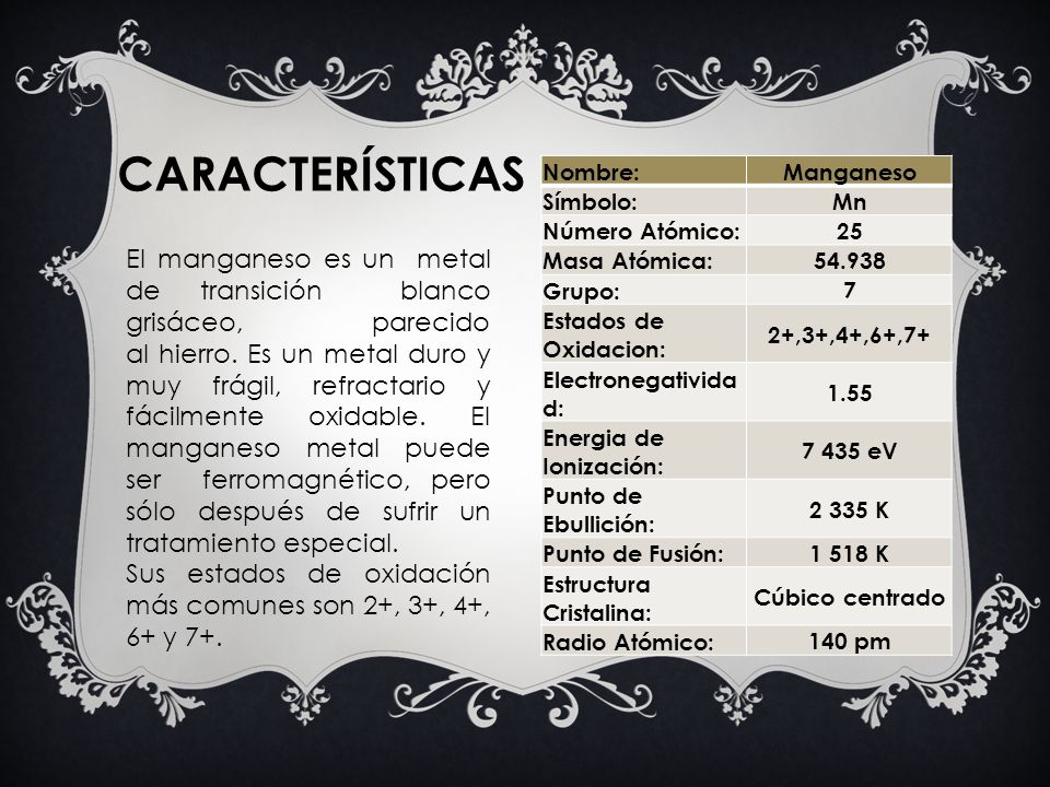 CARACTERÍSTICAS Nombre: Manganeso. Símbolo: Mn. Número Atómico: 25. Masa Atómica: Grupo: