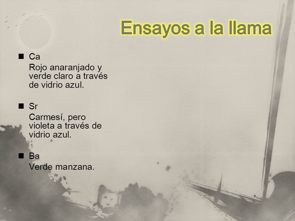Ensayos a la llama Ca. Rojo anaranjado y verde claro a través de vidrio azul. Sr. Carmesí, pero violeta a través de vidrio azul.