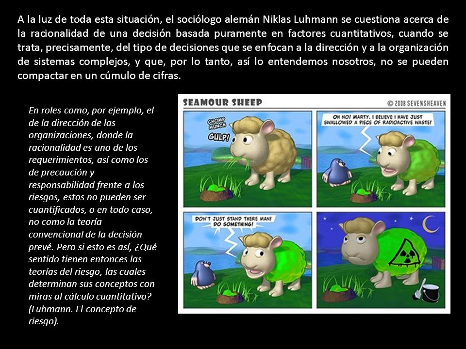 A la luz de toda esta situación, el sociólogo alemán Niklas Luhmann se cuestiona acerca de la racionalidad de una decisión basada puramente en factores cuantitativos, cuando se trata, precisamente, del tipo de decisiones que se enfocan a la dirección y a la organización de sistemas complejos, y que, por lo tanto, así lo entendemos nosotros, no se pueden compactar en un cúmulo de cifras.