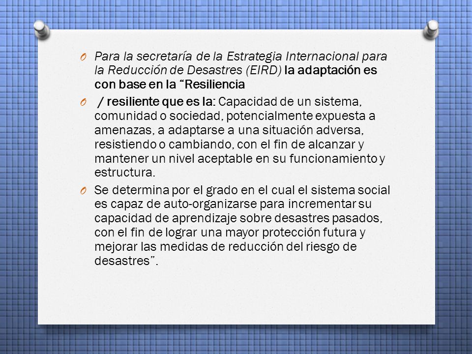 Para la secretaría de la Estrategia Internacional para la Reducción de Desastres (EIRD) la adaptación es con base en la Resiliencia