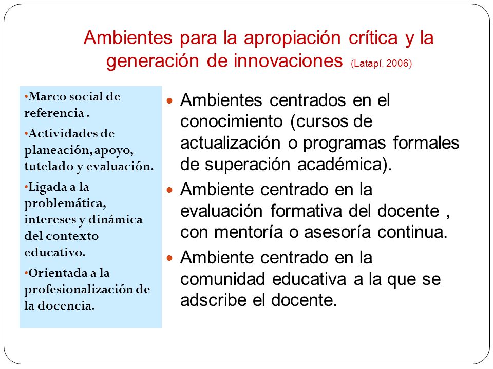 Ambientes para la apropiación crítica y la generación de innovaciones (Latapí, 2006)