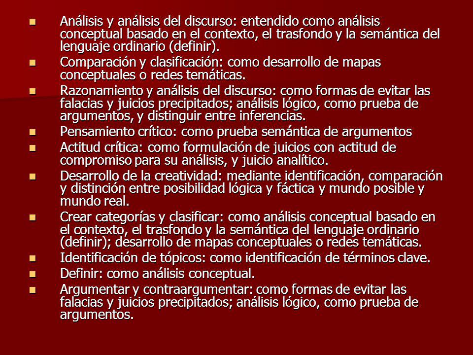 Análisis y análisis del discurso: entendido como análisis conceptual basado en el contexto, el trasfondo y la semántica del lenguaje ordinario (definir).