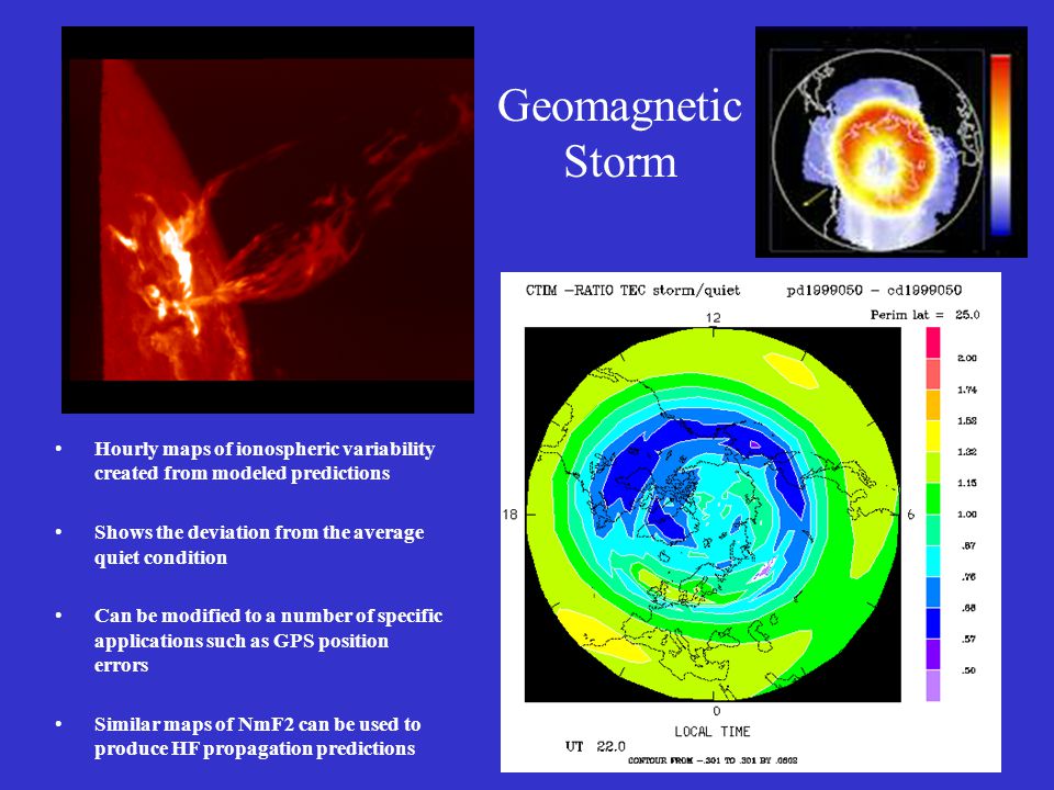 Geomagnetic Storm. Hourly maps of ionospheric variability created from modeled predictions. Shows the deviation from the average quiet condition.