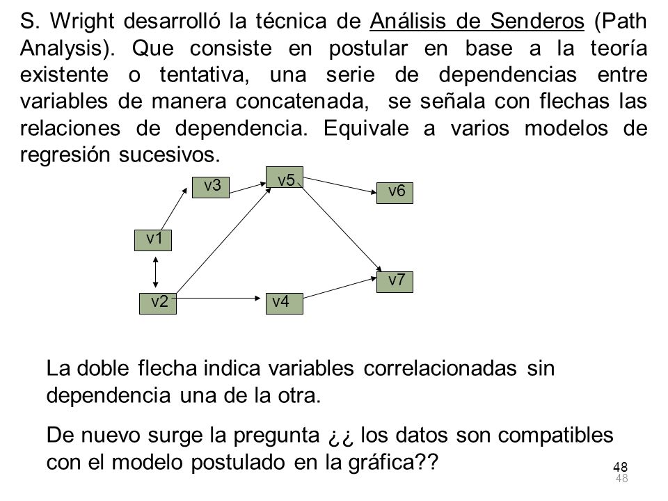 S. Wright desarrolló la técnica de Análisis de Senderos (Path Analysis). Que consiste en postular en base a la teoría existente o tentativa, una serie de dependencias entre variables de manera concatenada, se señala con flechas las relaciones de dependencia. Equivale a varios modelos de regresión sucesivos.