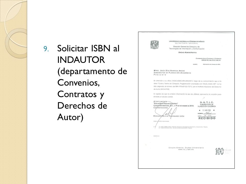 Solicitar ISBN al INDAUTOR (departamento de Convenios, Contratos y Derechos de Autor)