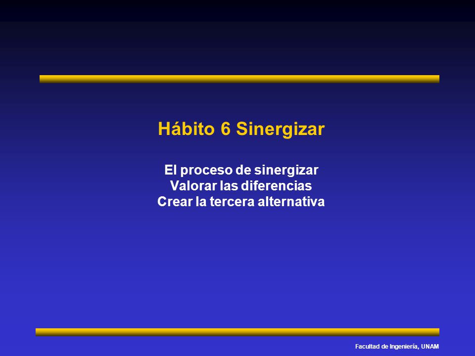Hábito 6 Sinergizar El proceso de sinergizar Valorar las diferencias Crear la tercera alternativa