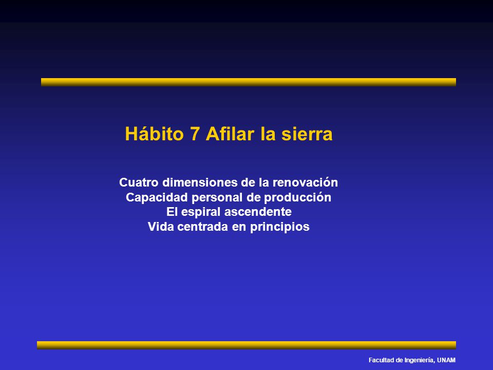 Hábito 7 Afilar la sierra Cuatro dimensiones de la renovación Capacidad personal de producción El espiral ascendente Vida centrada en principios