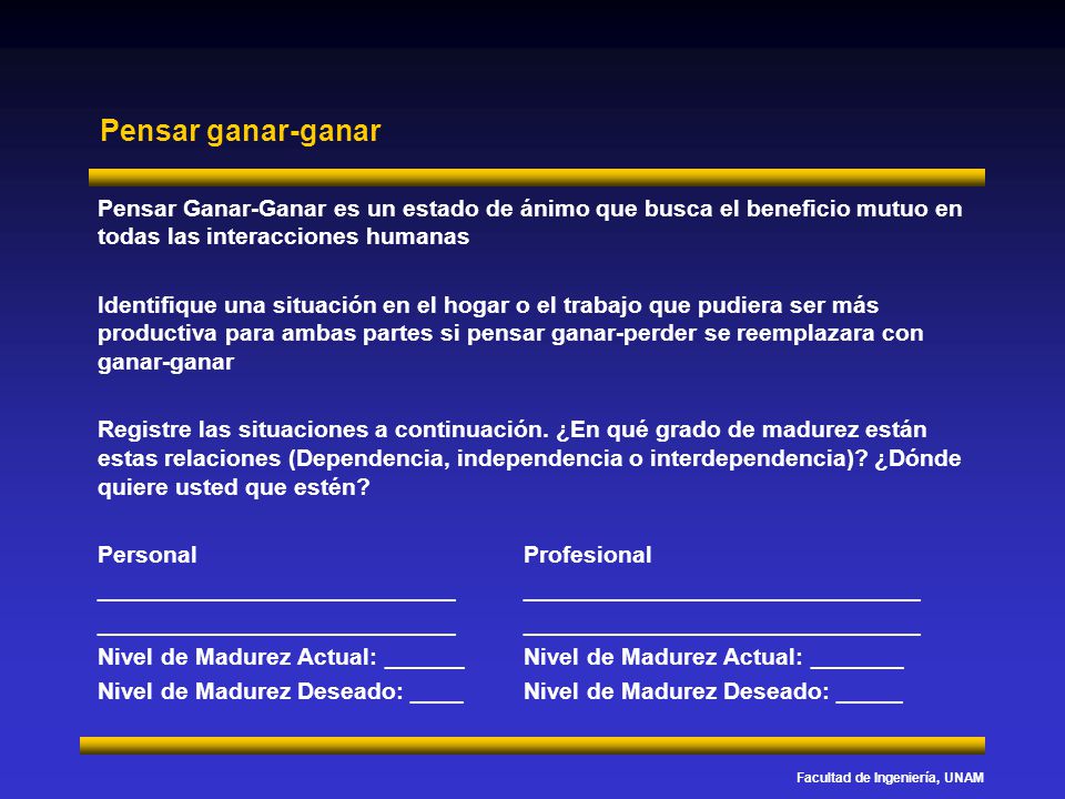 Pensar ganar-ganar Pensar Ganar-Ganar es un estado de ánimo que busca el beneficio mutuo en todas las interacciones humanas.
