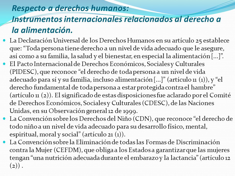 Respecto a derechos humanos: Instrumentos internacionales relacionados al derecho a la alimentación.