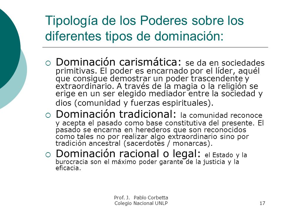Tipología de los Poderes sobre los diferentes tipos de dominación: