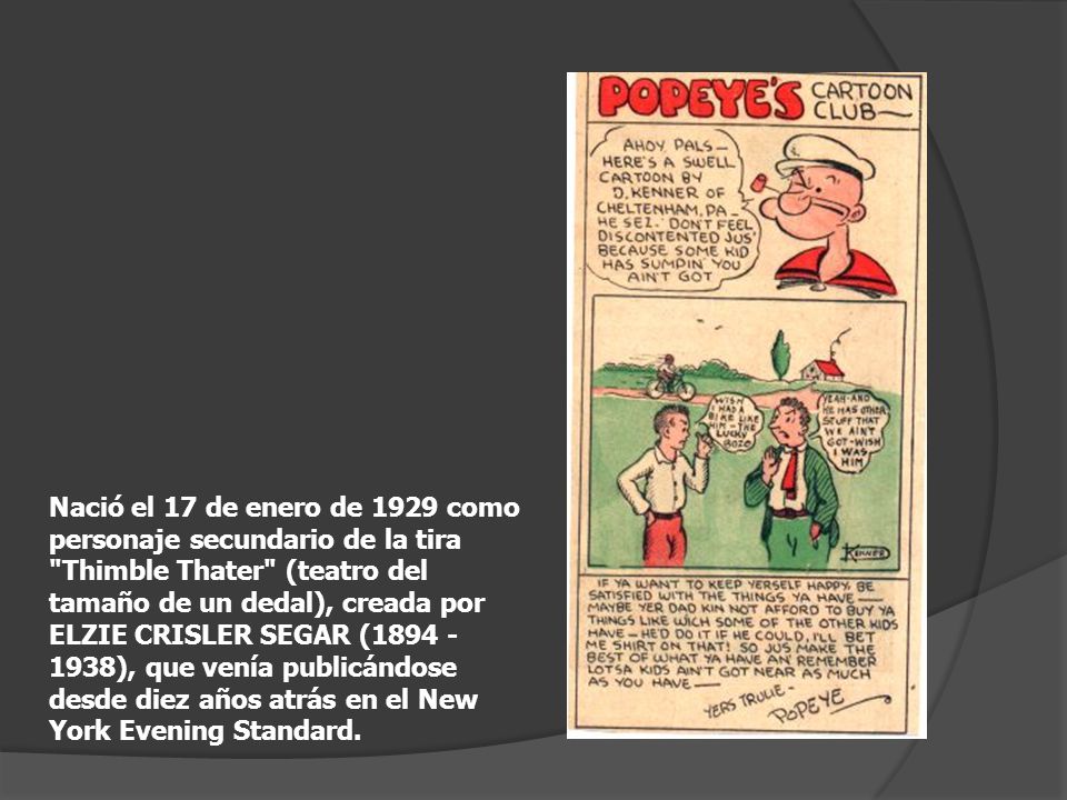 Nació el 17 de enero de 1929 como personaje secundario de la tira Thimble Thater (teatro del tamaño de un dedal), creada por ELZIE CRISLER SEGAR ( ), que venía publicándose desde diez años atrás en el New York Evening Standard.