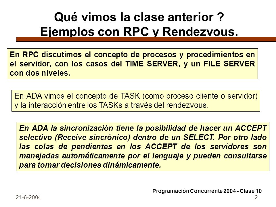 Qué vimos la clase anterior Ejemplos con RPC y Rendezvous.