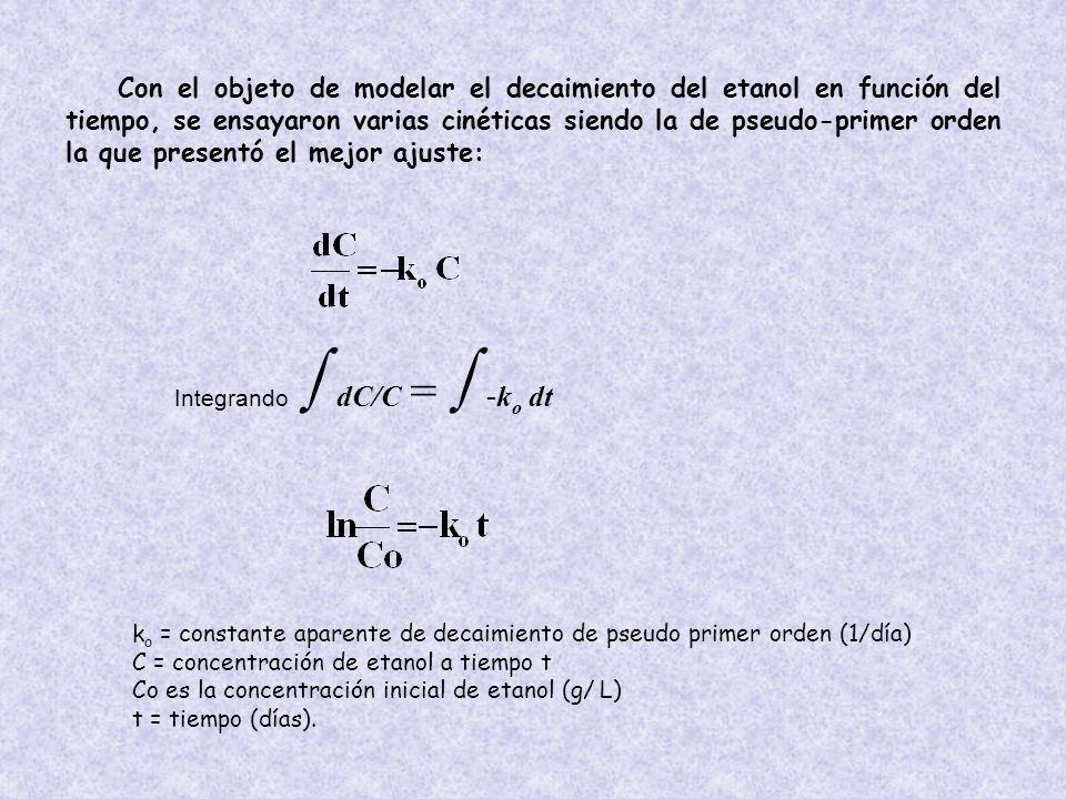 Con el objeto de modelar el decaimiento del etanol en función del tiempo, se ensayaron varias cinéticas siendo la de pseudo-primer orden la que presentó el mejor ajuste: