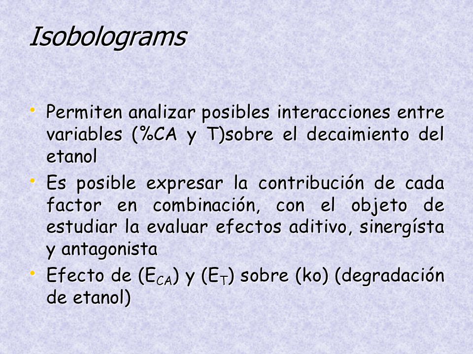 Isobolograms Permiten analizar posibles interacciones entre variables (%CA y T)sobre el decaimiento del etanol.