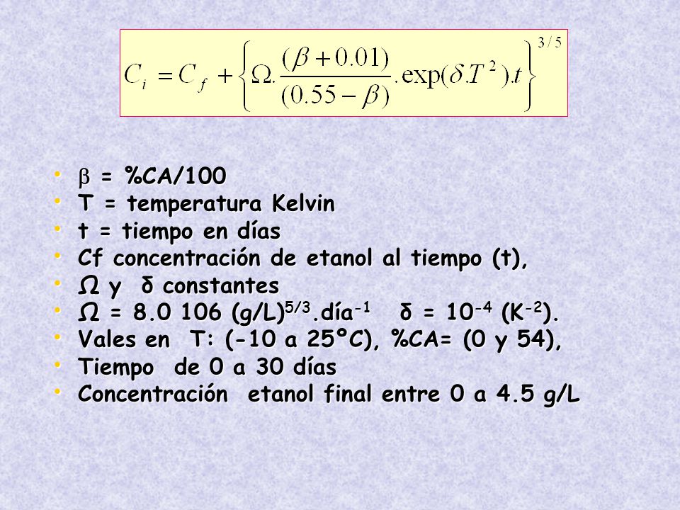  = %CA/100 T = temperatura Kelvin. t = tiempo en días. Cf concentración de etanol al tiempo (t),