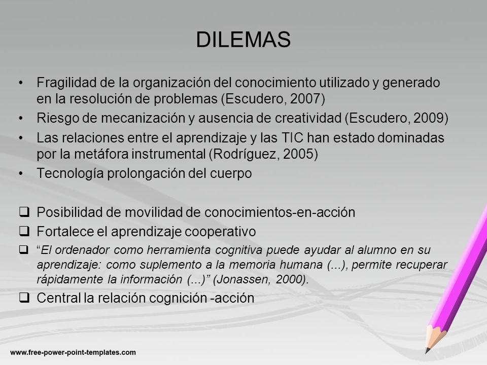 DILEMAS Fragilidad de la organización del conocimiento utilizado y generado en la resolución de problemas (Escudero, 2007)