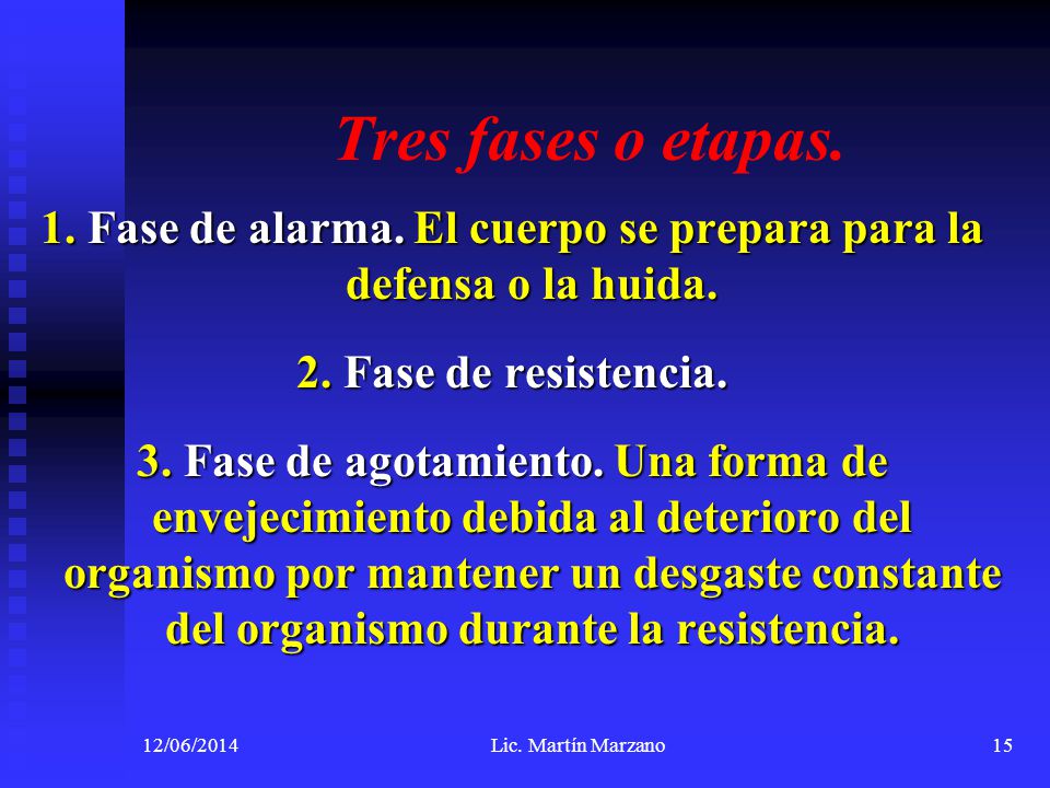 1. Fase de alarma. El cuerpo se prepara para la defensa o la huida.