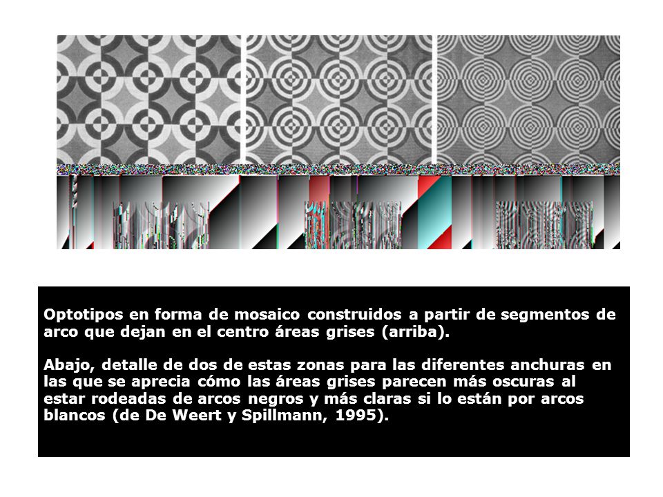 Optotipos en forma de mosaico construidos a partir de segmentos de arco que dejan en el centro áreas grises (arriba).