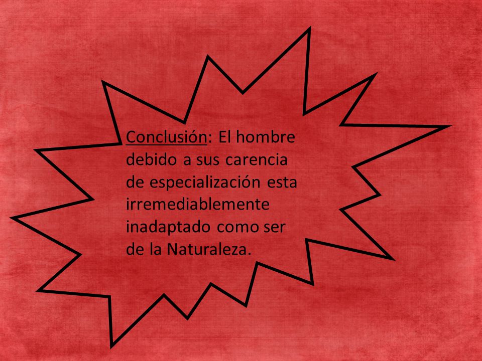 Conclusión: El hombre debido a sus carencia de especialización esta irremediablemente inadaptado como ser de la Naturaleza.