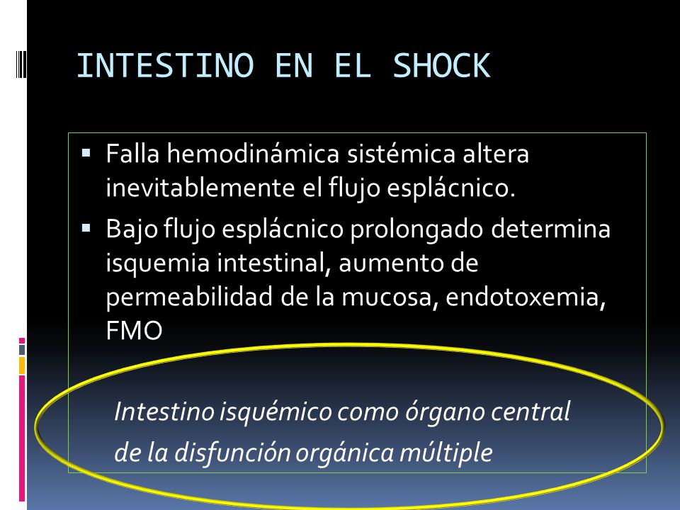 INTESTINO EN EL SHOCK Falla hemodinámica sistémica altera inevitablemente el flujo esplácnico.