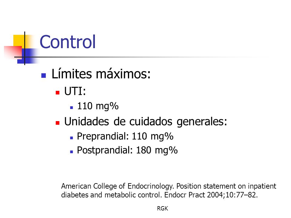 Control Límites máximos: UTI: Unidades de cuidados generales: 110 mg%