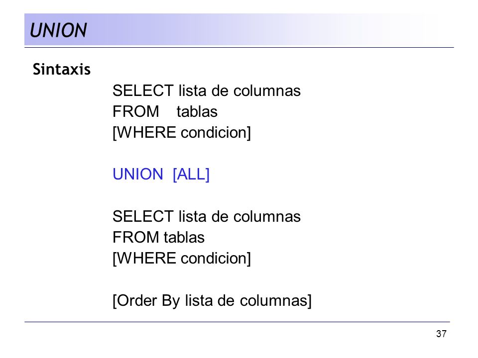 UNION Sintaxis SELECT lista de columnas FROM tablas [WHERE condicion]