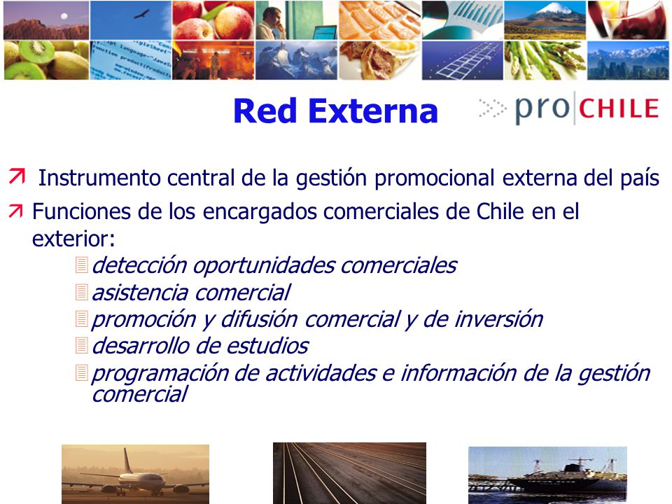 Red Externa Instrumento central de la gestión promocional externa del país. Funciones de los encargados comerciales de Chile en el exterior: