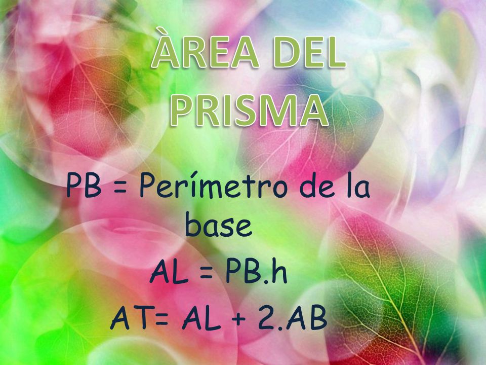 PB = Perímetro de la base AL = PB.h AT= AL + 2.AB