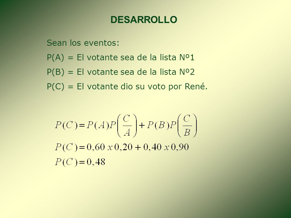 DESARROLLO Sean los eventos: P(A) = El votante sea de la lista Nº1