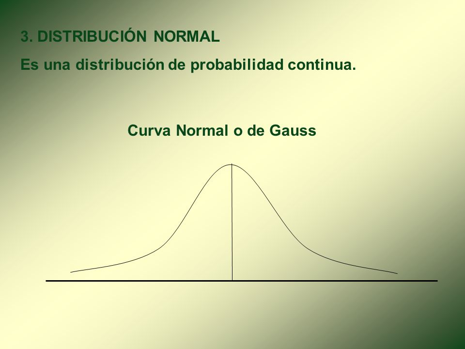 3. DISTRIBUCIÓN NORMAL Es una distribución de probabilidad continua. Curva Normal o de Gauss