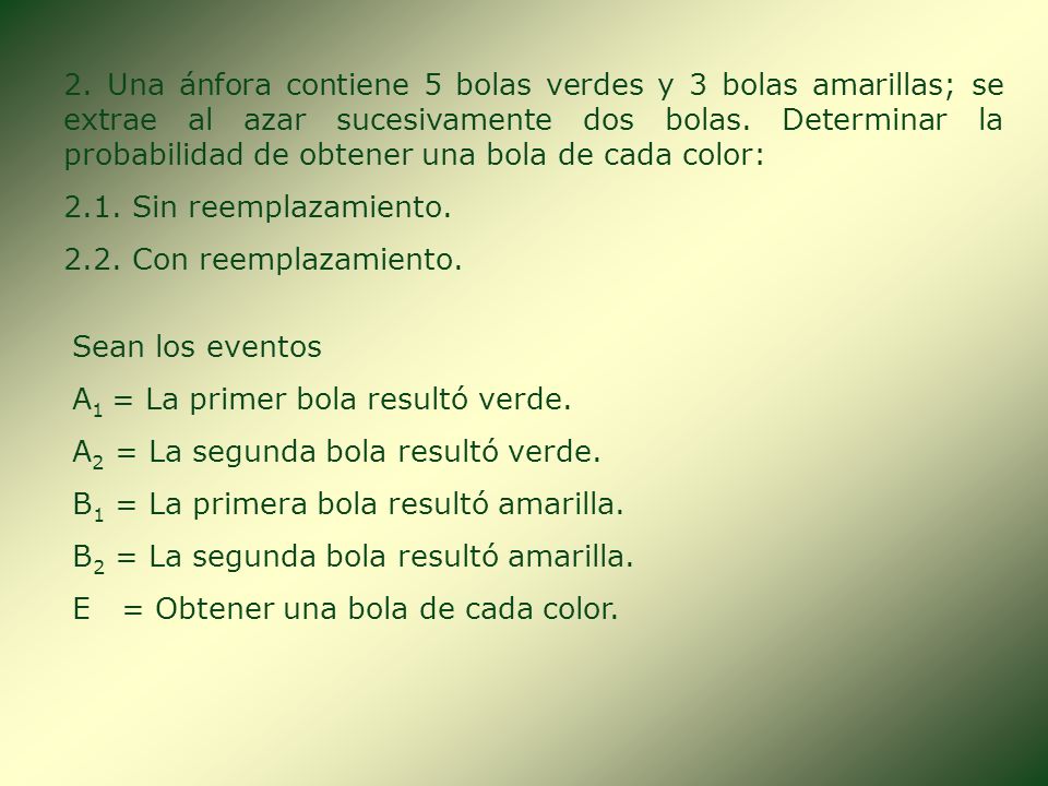 2. Una ánfora contiene 5 bolas verdes y 3 bolas amarillas; se extrae al azar sucesivamente dos bolas. Determinar la probabilidad de obtener una bola de cada color:
