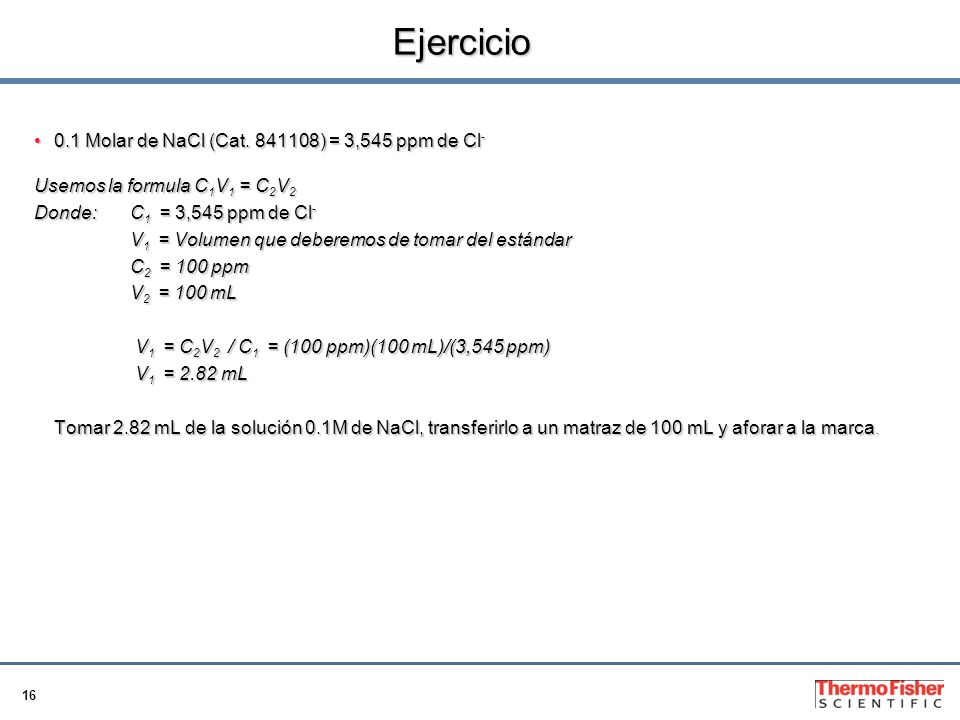 Ejercicio 0.1 Molar de NaCl (Cat ) = 3,545 ppm de Cl-