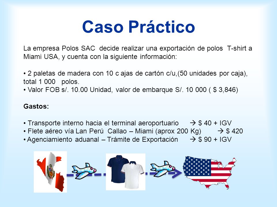 Caso Práctico La empresa Polos SAC decide realizar una exportación de polos T-shirt a Miami USA, y cuenta con la siguiente información: