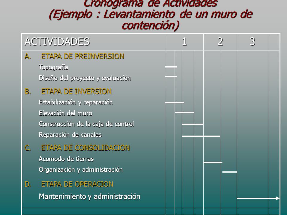 Cronograma de Actividades (Ejemplo : Levantamiento de un muro de contención)