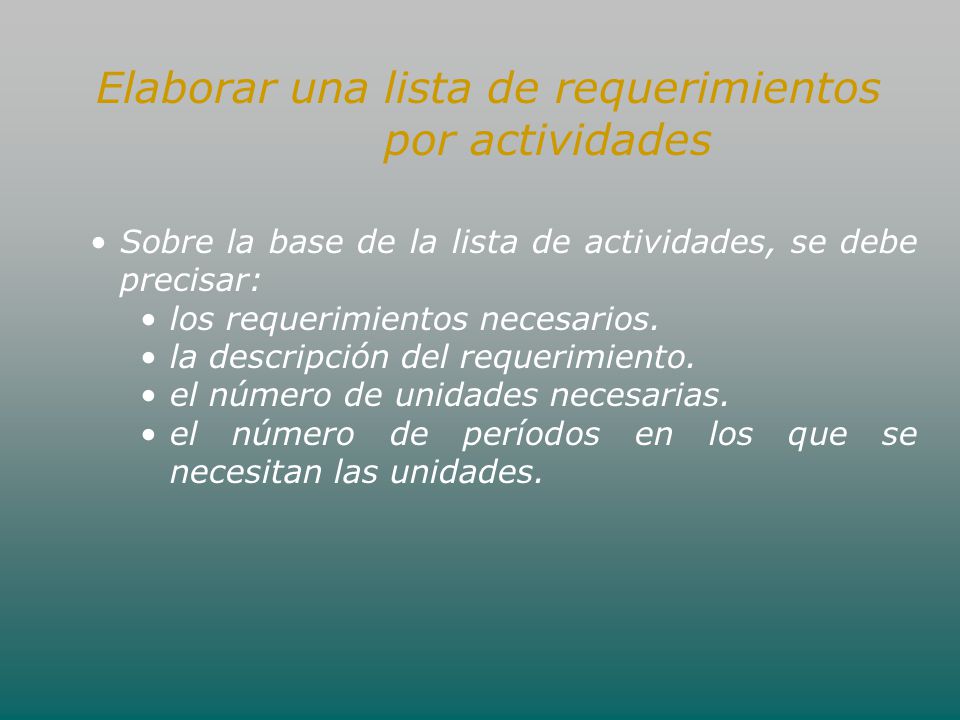 Elaborar una lista de requerimientos por actividades