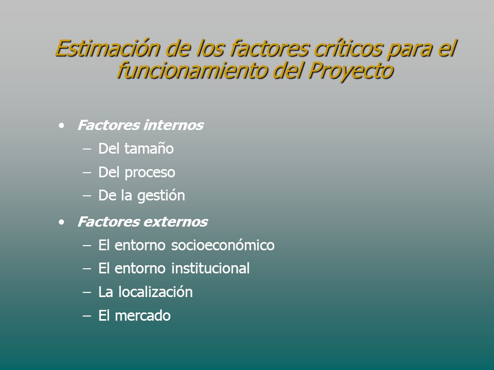 Estimación de los factores críticos para el funcionamiento del Proyecto