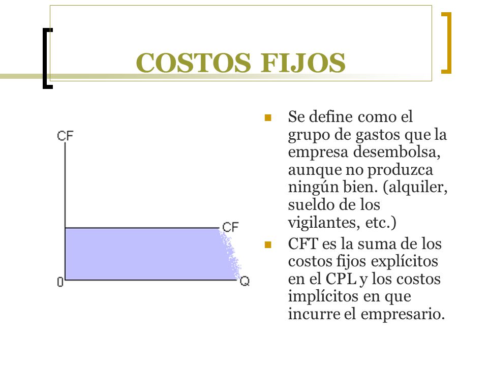 COSTOS FIJOS Se define como el grupo de gastos que la empresa desembolsa, aunque no produzca ningún bien. (alquiler, sueldo de los vigilantes, etc.)