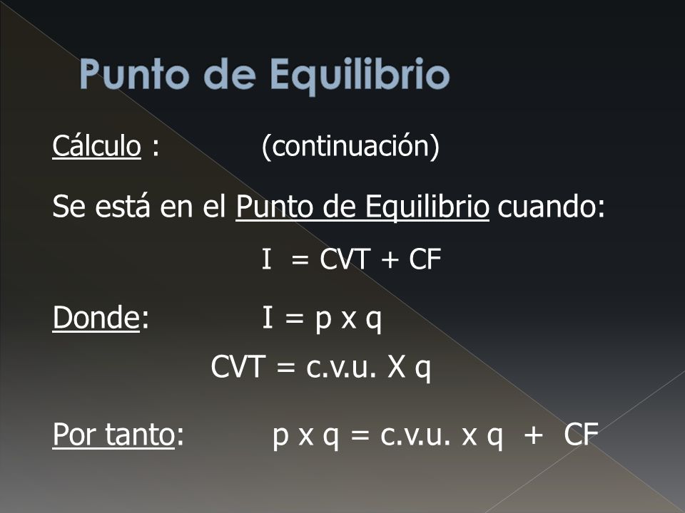 Punto de Equilibrio Cálculo : (continuación) Se está en el Punto de Equilibrio cuando: I = CVT + CF.