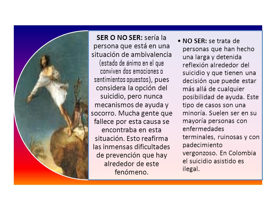 SER O NO SER: sería la persona que está en una situación de ambivalencia (estado de ánimo en el que conviven dos emociones o sentimientos opuestos), pues considera la opción del suicidio, pero nunca mecanismos de ayuda y socorro. Mucha gente que fallece por esta causa se encontraba en esta situación. Esto reafirma las inmensas dificultades de prevención que hay alrededor de este fenómeno.