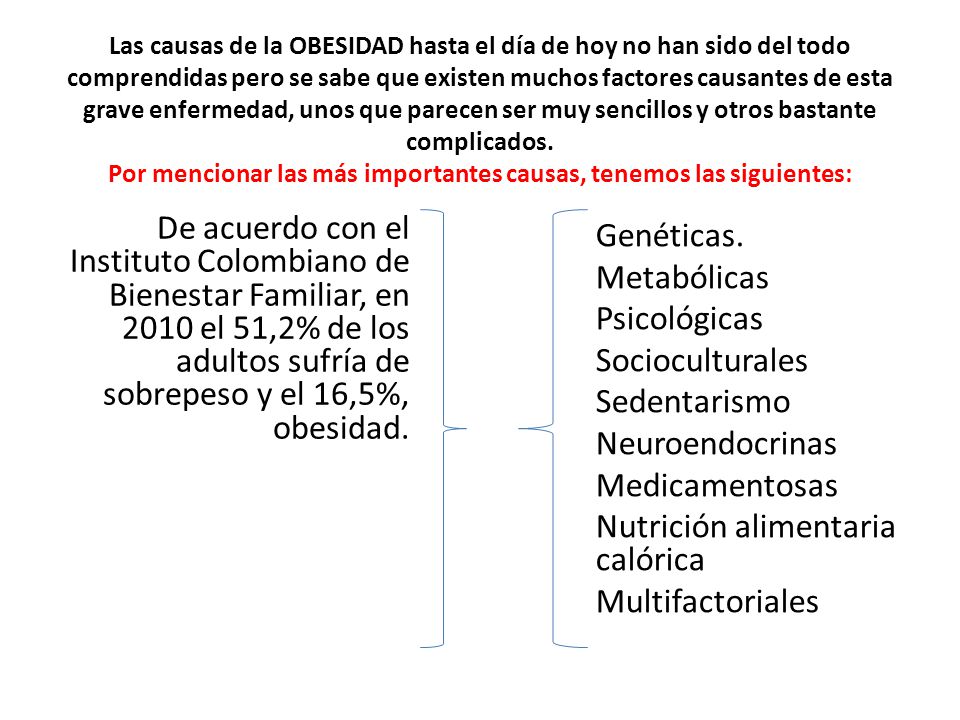 Las causas de la OBESIDAD hasta el día de hoy no han sido del todo comprendidas pero se sabe que existen muchos factores causantes de esta grave enfermedad, unos que parecen ser muy sencillos y otros bastante complicados. Por mencionar las más importantes causas, tenemos las siguientes: