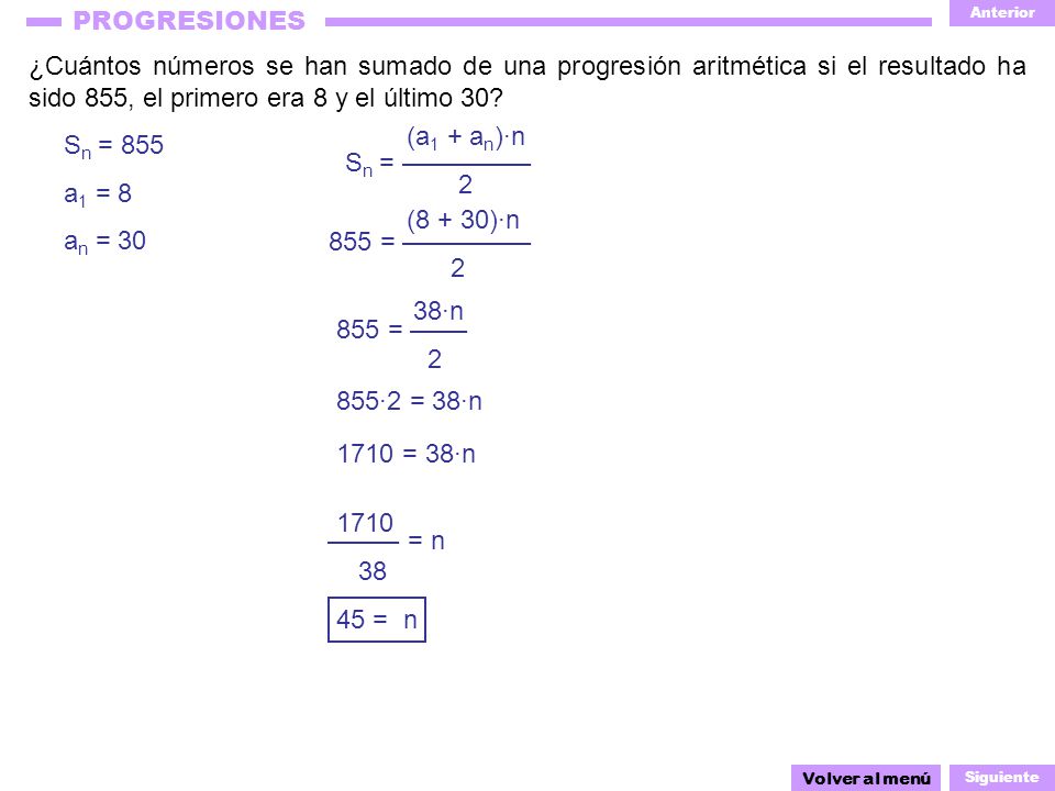 ¿Cuántos números se han sumado de una progresión aritmética si el resultado ha sido 855, el primero era 8 y el último 30